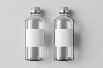 Two clear plastic bottles with blank white labels