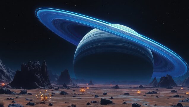 A captivating view of a ringed planet from a desolate alien landscape