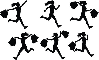 Silhouette illustration of woman holding shopping bags in various poses, fashion consumer lifestyle vector design for retail, sale, commerce themes