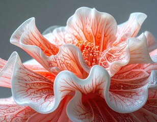 Exquisite macro view of a delicate ruffled flower with vibrant orange and white petals.