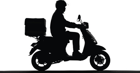 Silhouette delivery driver on scooter with cargo box fast courier service vector