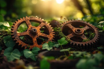 Two rusty cogwheels rest amidst lush green foliage, bathed in warm sunlight, evoking a sense of time and nature's reclaiming.