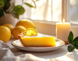 Slice of Lemon Pie with Fresh Lemons and Candle Light.