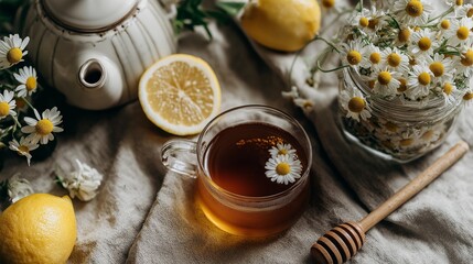 flat lay of herbal chamomile tea in a glass cup with fresh lemons, honey dipper, and flowers on a linen cloth.