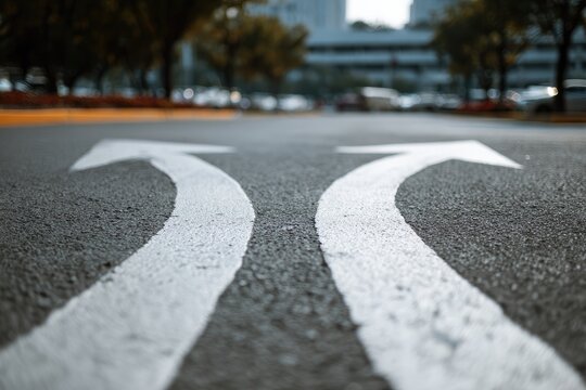 Two diverging white arrows on asphalt road