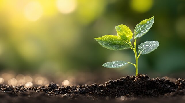 Spring renewal gardening scene with sprouting sapling showing life force and morning dew