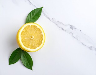 Fresh Yellow Lemon Slice with Green Leaves on a White Marble Surface.