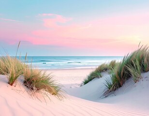 Tranquil beach dunes with soft pastel sky and ocean waves at sunset.