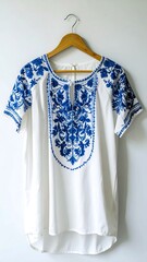 White top with blue embroidery