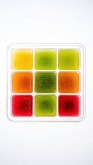 Colorful frozen fruit puree cubes arranged in a nine compartment tray.