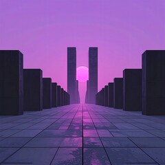 Futuristic Cityscape with Symmetrical Buildings and Pink Sunset.