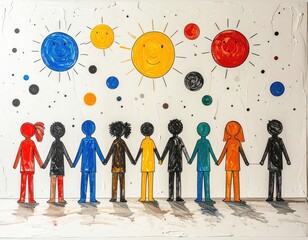 Childrens drawing of diverse people holding hands under a solar system.