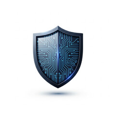 Futuristic cybersecurity concept with a glowing blue digital circuit shield, symbolizing online data protection, network safety, and artificial intelligence