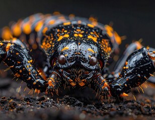 Detailed macro photograph of a striking black and orange scorpion.