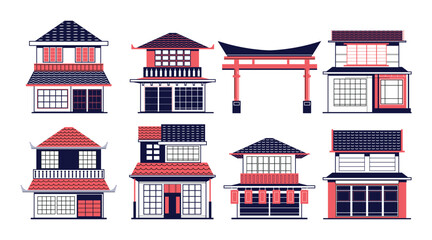 A collection of traditional Japanese building illustrations featuring houses, shops, and a torii gate in a flat vector style