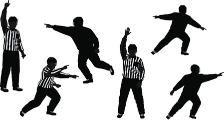 Silhouette referees showing sports signals and gestures, vector illustration of officials making decisions, judgment, enforcement, authority, rules, competition, game design