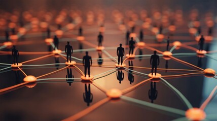 Dynamic network visualization with silhouetted figures connected by glowing lines, symbolizing global connectivity and teamwork