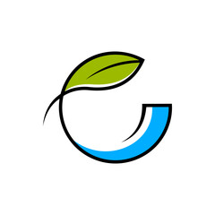 modern letter G logo icon vector with leaf and water element in flat style design