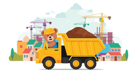 Naklejka premium A cheerful teddy bear drives a yellow dump truck loaded with dirt on a construction site.