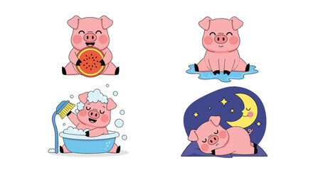 Obraz premium Cute cartoon pigs enjoying different activities like eating fruit taking a bath and sleeping peacefully under the starry night.