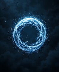 a glowing blue energy sphere or portal with swirling luminous lines against a dark cloudy background, representing futuristic magic and power.