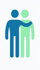 stylized vector icon of two figures, one blue and one green, standing side by side with an arm around the shoulder symbolizing friendship and support.