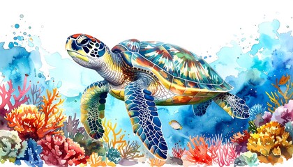 Watercolor painting of a sea turtle swimming amidst colorful coral reef and bubbles