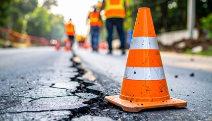 Road repair and safety cone highlighting damaged road with worker in background. The scene shows the aftermath of road damage