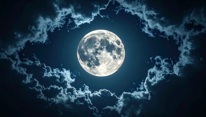 Full moon framed with spooky clouds, clean center for text