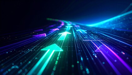 A conceptual visualization of glowing arrows moving forward. The arrows are a bright and vibrant green color and the trails behind them have a bright blue and purple color.