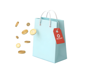 Light blue shopping bag with red discount tag and falling gold coins red tag sale