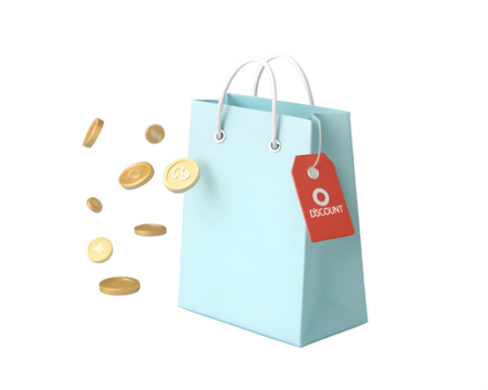 Light blue shopping bag with red discount tag and falling gold coins red tag sale - Powered by Adobe
