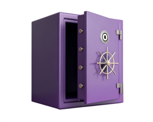 Open purple 3d rendered safe with silver wheel and lock on black background vault security