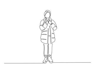 Young girl wearing winter cloth in single outline illustration. Continuous line art drawing of model wearing winter fashion. Editable stroke.
