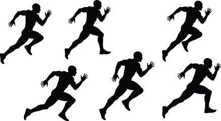 Silhouette running man poses in sprint motion, athletic training, jogging exercise, fitness workout, sports competition, dynamic movement vector illustration design