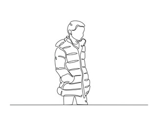 Young boy wearing winter cloth in single outline illustration. Continuous line art drawing of model wearing winter fashion. Editable stroke.