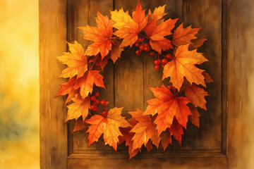 Autumn-themed commercial illustration of "autumn wreath on a door" for seasonal decoration