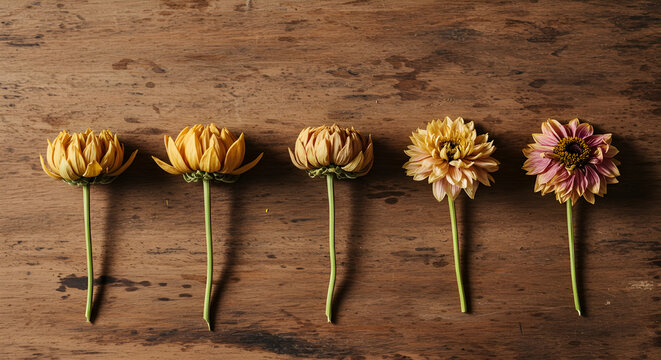 Fading Blooms on Rustic Wooden Background - Powered by Adobe