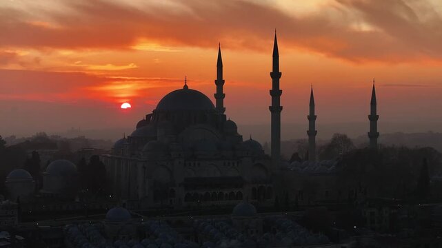 Suleymaniye Mosque in the Sunset Lights Drone Video, Suleymaniye Fatih, Istanbul Turkiye (Turkey)