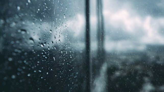 Raindrops on a glass window with a blurred urban cityscape and stormy sky in the background