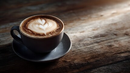 A close up view of a ceramic cup filled with frothy latte art coffee placed on a rustic wooden table