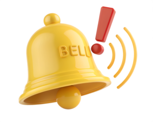 Yellow 3d bell with red exclamation mark and sound waves image