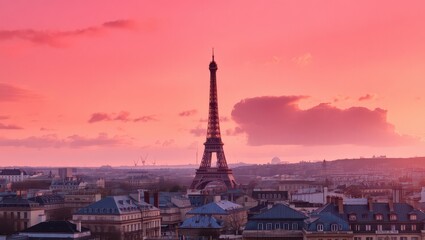 Obraz premium Eiffel tower in paris at sunset with a vibrant pink and orange sky