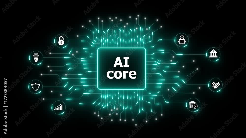 Poster futuristic ai core connecting icons representing security finance technology and business. artificia