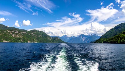 Lake landscape with forested mountains, bright blue sky and wake in water