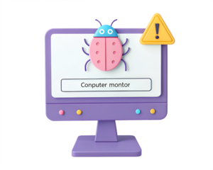 Pink ladybug on computer screen with warning sign and text monitor insect