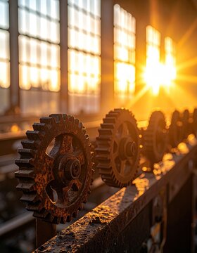 Rusty Industrial Gears Illuminated by Golden Sunset Rays in Abandoned Factory.