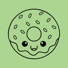 Fototapeta premium A cheerful cartoon donut with a smiling face and colorful sprinkles on a soft green .