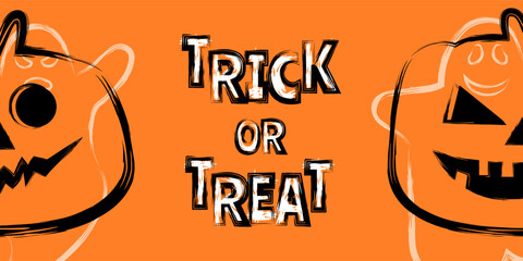 trick or treat   halloween greeting card  banner design  with scary  pumpkins  faces and ghosts brush strokes orange vector illustration