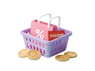 Pink shopping bag with percentage symbol and discount sign in purple basket with coins shopping basket